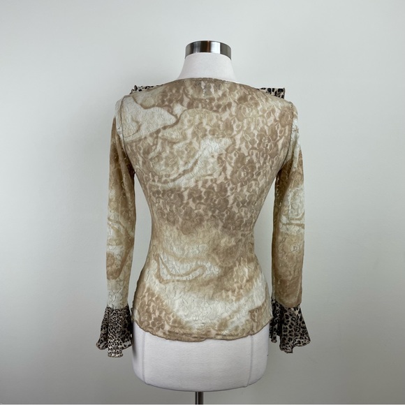 Papillon Blanc Brown Black Leopard Animal Print Ruffle Long Sleeve Blouse Top - Picture 3 of 6